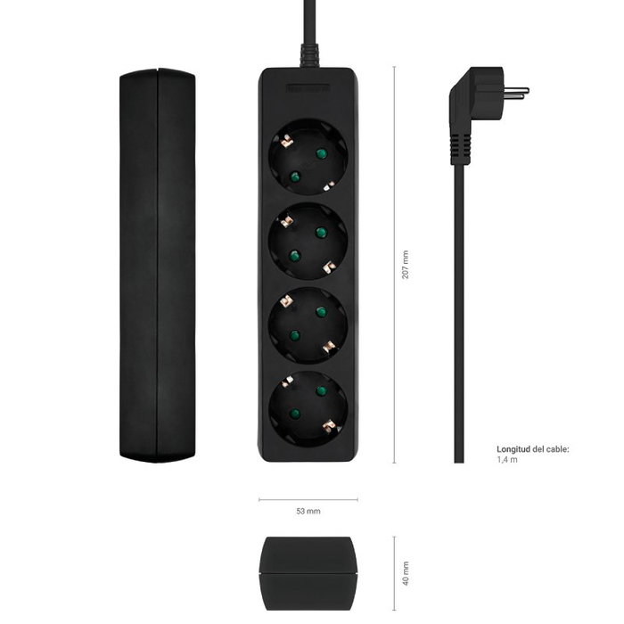 Aisens Regleta de 4 Tomas con Cable de 1,4 m, Negro